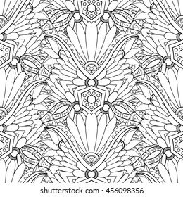 Vector Seamless Monochrome Pattern For Coloring. Hand Drawn Decorative Scales