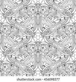 Vector Seamless Monochrome Pattern For Coloring. Hand Drawn Decorative Scales
