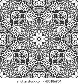 Vector Seamless Monochrome Pattern. For Coloring. Hand Drawn Decorative Scales