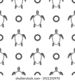 Vector seamless monochrome pattern with decorative ocean turtles. Black and white ethnic hand drawn fabric design.