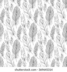 Vector Seamless Monochrome Pattern with Doodle Feathers. Boho Style Romantic Collection
