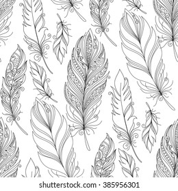 Vector Seamless Monochrome Pattern with Doodle Feathers. Boho Style Romantic Collection