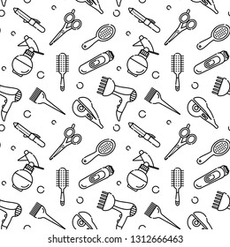 Vector Seamless Monochrome Pattern For Hairdresser. Tools For The Master In The Beauty Salon. Hair Dryer For Drying Hair. Linear Style Vector Objects