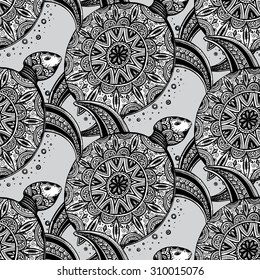Vector seamless monochrome pattern. Hand drawn black doodle turtles on white background