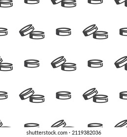 Vector seamless monochrome pattern of ice hockey pucks icons on white background.