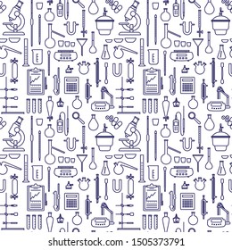 Vector seamless monochrome pattern with laboratory equipments and instruments in a flat style with a wide outline. Wallpaper with line icons on the theme of chemistry.