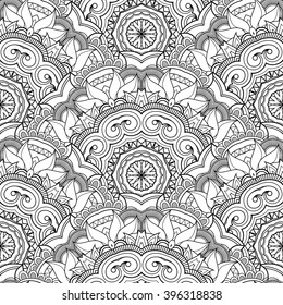 Vector Seamless Monochrome Pattern From Mandala. Hand Drawn Mandala For Coloring