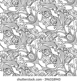 Vector Seamless Monochrome Pattern From Mandala. Hand Drawn Mandala For Coloring