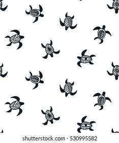 Vector seamless monochrome pattern with ornamental ocean turtles.Blue ethnic hand drawn fabric design.