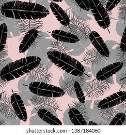 Vector seamless monochrome pattern of palm leaves and tropical plants. Exotic background for seasonal design.