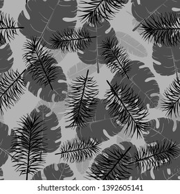 Vector seamless monochrome pattern of palm leaves and tropical plants. Exotic background for seasonal design.