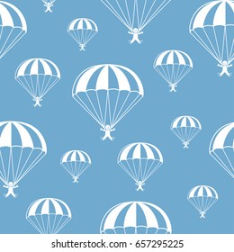 Vector seamless monochrome pattern with parachutes on blue sky