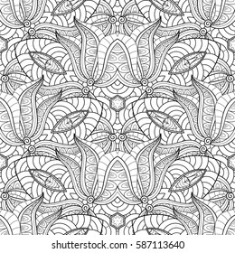Vector Seamless Monochrome Pattern. Printable Coloring. Hand Drawn Decorative Scales