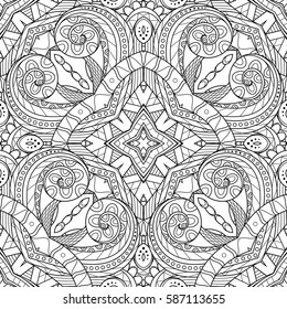 Vector Seamless Monochrome Pattern. Printable Coloring. Hand Drawn Decorative Scales