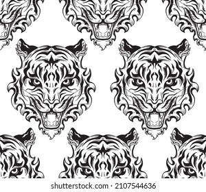 Vector seamless monochrome pattern with silhouette of a tiger head on white background. Texture with black contour of roar formidable predator. Tracery symbol of the eastern new year.