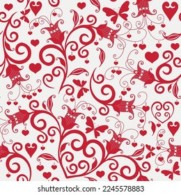 Vector seamless monochrome pattern for Valentine day with red hearts and butterflits and flowers