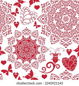 Vector seamless monochrome red valentine pattern with mandala,  hearts and butterflies on transparent background