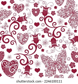 Patrón valentino rojo monocromo sin fisuras vectorial con corazones y mariposas y flores sobre fondo transparente