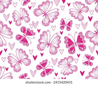 Vector seamless monochrome valentines pink pattern with pink hearts and dotty butterflies  in doodle style on a transparent background	
