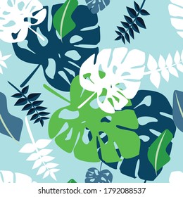 Vector seamless monstera pattern, great design for any purposes. Green background. Summer forest. Exotic jungle wallpaper.