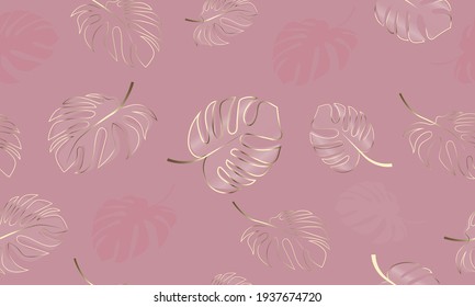 Oro rosa de Monstera sin vectores, hojas rosadas en fondo rosado. Tropical, fondo de jungla para el diseño de superficie, tejidos, papel de embalaje y empaque, impresiones.