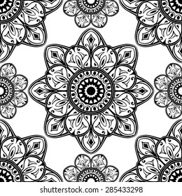 Vector, seamless, mosaic of circular patterns. Oriental ornament of black elements on a white background. Template for the mosaic. Azulejo.