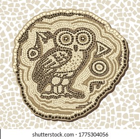 Vector seamless mosaic illustration in antique style. Tile with an owl and mosaic pieces in the old style on a white background.