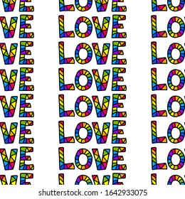 Vector seamless mosaic pattern with words “Love” isolated on white background. Patchwork puzzle colorful rainbow design. Trendy stylish texture. Creative element for poster, banner, flyer, gift paper.