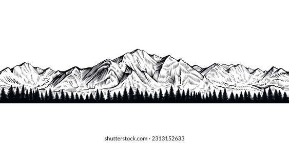 Vector seamless mountain with coniferous forest sketch, endless rock ranges panorama.
