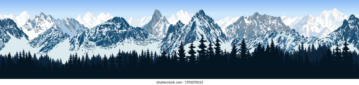 vector seamless mountains karakoram himalayan panorama background with forest