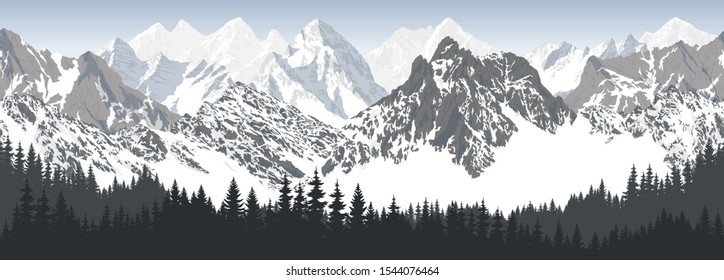 vector seamless mountains with woodland karakoram himalayan panorama background