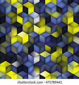 Vector Seamless Multicolor Blue Yellow Gradient Cube Shape Rhombus Grid Pattern. Abstract Geometric Background Design