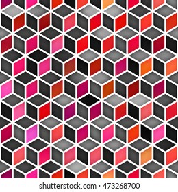 Vector Seamless Multicolor Cube Shape Rhombus Grid Pattern. Abstract Geometric Background Design