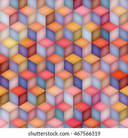 Vector Seamless Multicolor Gradient Cube Shape Rhombus Grid Pattern. Abstract Geometric Background Design
