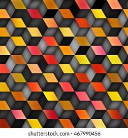 Vector Seamless Multicolor Gradient Cube Shape Rhombus Grid Geometric Pattern. Abstract Geometric Background Design