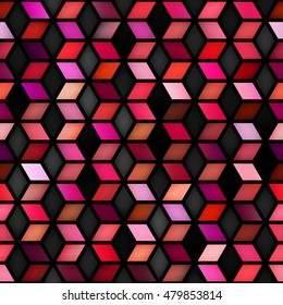 Vector Seamless Multicolor Gradient Cube Shape Rhombus Grid Pattern. Abstract Geometric Background Design