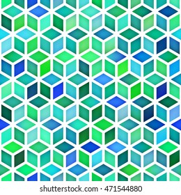 Vector Seamless Multicolor Green Blue Shades Gradient Cube Shape Rhombus Grid Pattern. Abstract Freehand Background Design