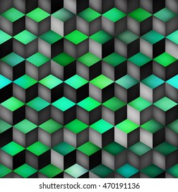 Vector Seamless Multicolor Green Gradient Cube Shape Rhombus Grid Pattern. Abstract Geometric Background Design