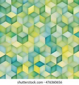 Vector Seamless Multicolor Green Shades Gradient Cube Shape Rhombus Grid Pattern. Abstract Geometric Background Design