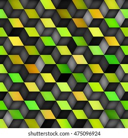 Vector Seamless Multicolor Green Yellow Gradient Cube Shape Rhombus Grid Pattern. Abstract Geometric Background Design