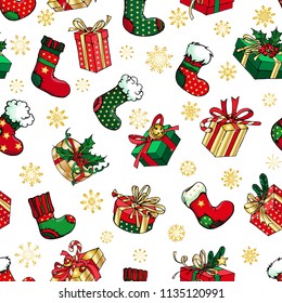 Vector seamless multicolor pattern with christmas simbols : christmas boots, gifts and snowflakes.