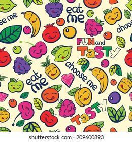 Vector seamless multicolor pattern, Hand drawn smiling berry and fruits. Healthy food and vegetarian illustration background. Design for fashion print, wrapping, backgrounds.