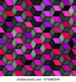 Vector Seamless Multicolor Pink Purple Gradient Cube Shape Rhombus Grid Pattern. Abstract Geometric Background Design