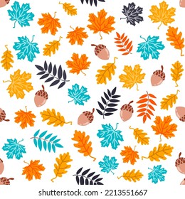 Vector seamless multicolored autumn pattern with leaves and acorns. Ideal for clothing design, wallpaper, wrapping paper, packaging, fabric