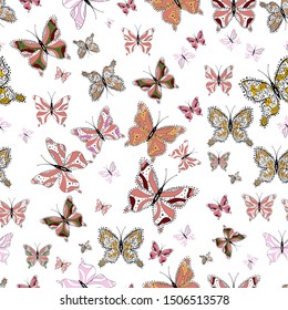 Vector. Seamless multicolored background with flying moths. Suitable. Beautiful colorful butterflies chaotically fly on pink, black and white colors. Seamless background from bright butterflies.