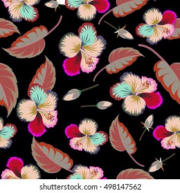 Vector seamless multicolored floral pattern. Hand drawn floral texture, multicolor decorative flowers on black background.
