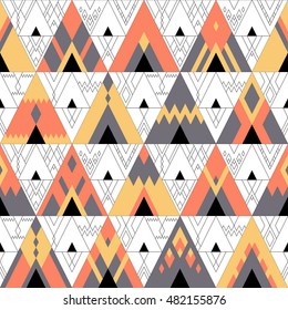 Vector seamless multicolored geometric pattern of red, yellow and gray triangles and thin line decor on background. The image of gypsy and touristic tent, bonfire, hipster motives, boho ornament.