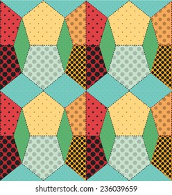 Vector seamless multicolored pattern in patchwork style with polka dots