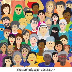 Vector seamless multinational crowd of people of different ages in colorful clothes.