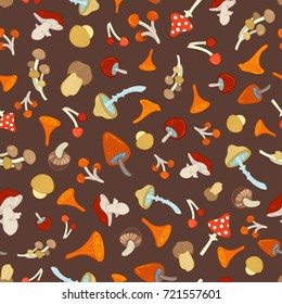 Vector seamless mushroom pattern. Various mushrooms on brown background. Fungal, amanita, girolles, chanterelles, agaric, boletus, fungus, cep. Cartoon boundless background.